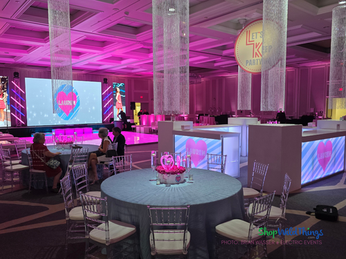 Diamonds 9-Foot Crystal Beaded Column installed in an upscale ballroom event, showcasing iridescent acrylic bead strands creating a dramatic sparkling centerpiece for events.