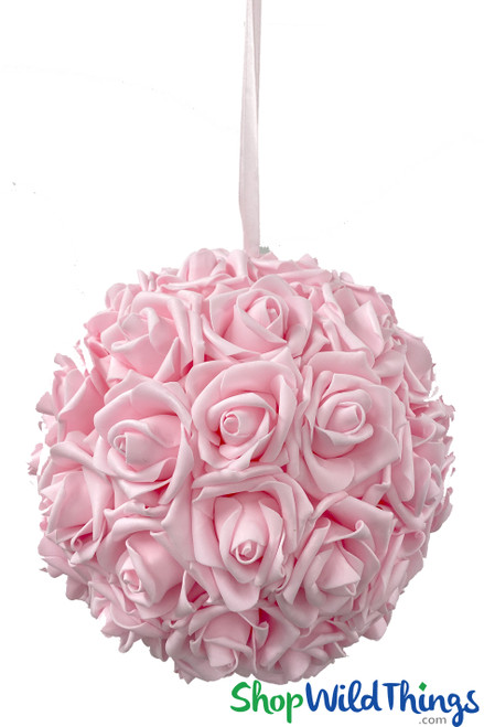 9.5" Pink Rose Pomander Kissing Ball with Hanging Ribbon, Near to Real Foam Flowers, ShopWildThings.com