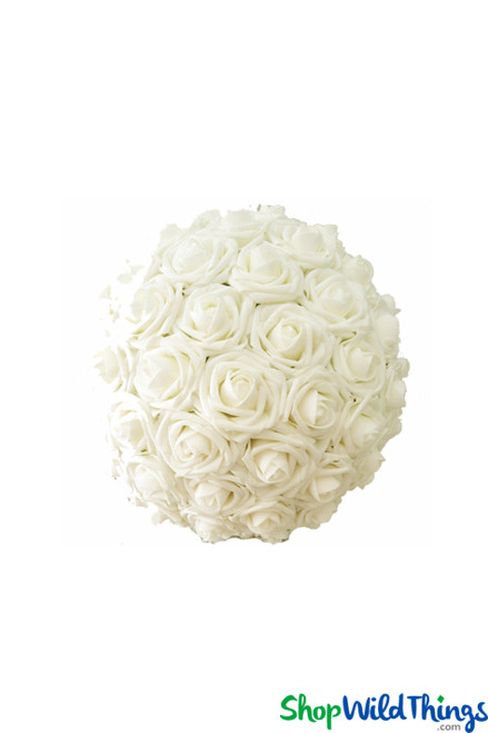 6.5" Ivory Rose Pomander Kissing Ball with Hanging Ribbon, Near to Real Foam Flowers, ShopWildThings.com