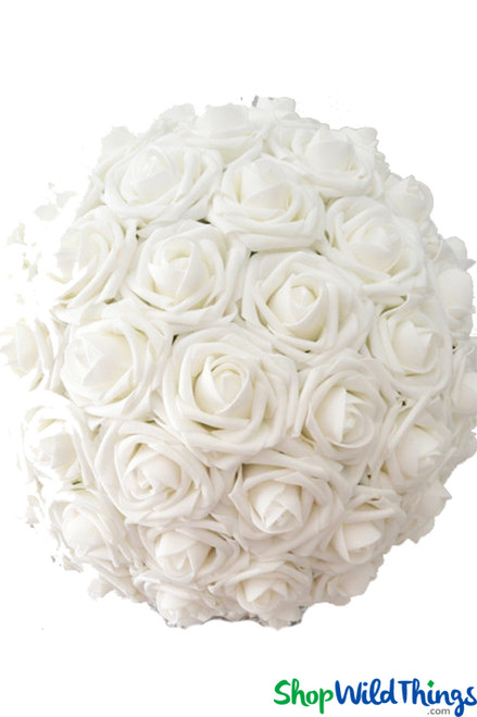 13" White Rose Pomander Kissing Ball with Hanging Ribbon, Near to Real Foam Flowers, ShopWildThings.com