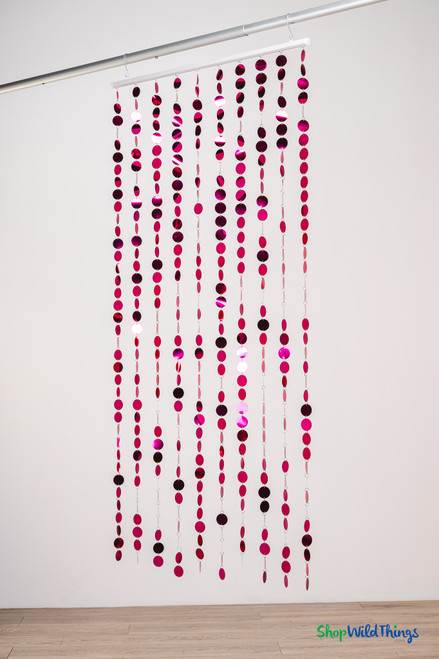 Mid-level view of 10-strand pink Spangles beaded curtain showing alternating oval and round PVC beads with reflective finish – easy to customize and extend.
