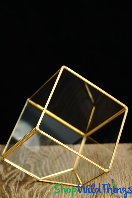 Geometric Cube Terrarium & Candle Holder- Gold - 5" Tall | ShopWildThings