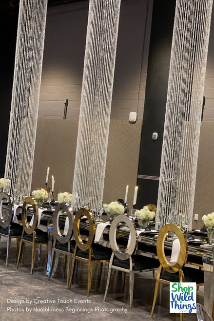 High Ceiling Event Decor Ideas with ShopWildThing’s collection of sparkling Diamonds Beaded Iridescent Columns and matching Chandeliers!