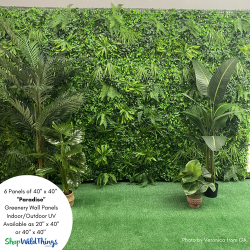 With 6 panels of our 40” x 40” Paradise Artificial Greenery Wall Panels, you can have a complete photo wall ready for the summer party season! Shop all indoor/outdoor UV faux greenery wall panels at ShopWildThings.com