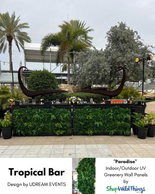 Take your tropical themed event to the next level with “Paradise” Artificial Greenery Wall Panels by ShopWildThings.com. Indoor/Outdoor UV treated, these panels are versatile to handle your outdoor event and then some. With an ever-growing collection of designer grade Artificial Greenery Wall Panels, ShopWildThings.com has a wide selection of panels to choose from to get the exact look your design requires.