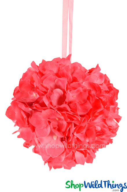 6" Bright Coral Pink Yellow Pomander Flower Ball Garland | Silk Floral Wedding Decorations | Hang, Carry or Tabletop | ShopWildThings.com