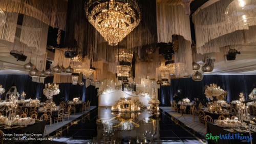 String Curtains are super popular with designers in 2024! Completely customizable to any color or length you need and can also be created as matching String Columns and Chandeliers, plus it’s possible to get them Fire Rated as well. The team at ShopWildThings.com has many styles in stock and ready to ship from Arizona but can also fabricate incredible designs just for you!

Gold, Champagne, Black
2024 Wedding Decor Trends – ShopWildThings.com – Since 1989

Custom String Fringe Curtain Ceiling Installation – Glam Wedding Ideas