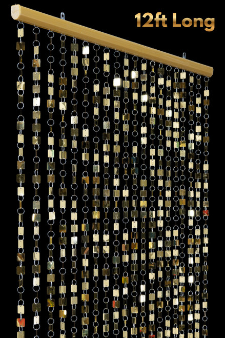 Metallic Light Gold PVC Discs are Featured on ShopWildThings Extra Long, Ready to Hang Lightweight Shimmy Curtains