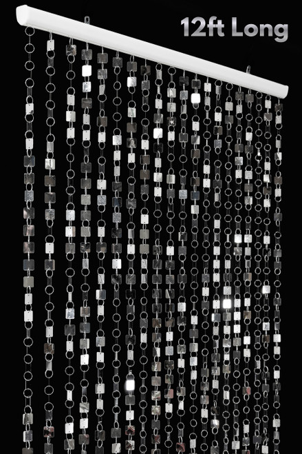 Metallic Silver PVC Discs are Featured on ShopWildThings Extra Long, Ready to Hang Lightweight Shimmy Curtains