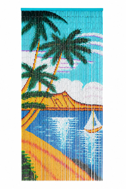 Tropical Beach Hand-Painted Bamboo Curtain – 90 Strands, 36" x 78", full product view on white – ShopWildThings.com