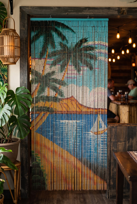 Tropical Beach Hand-Painted Bamboo Curtain – 90 Strands, 36" x 78" - ShopWildThings.com