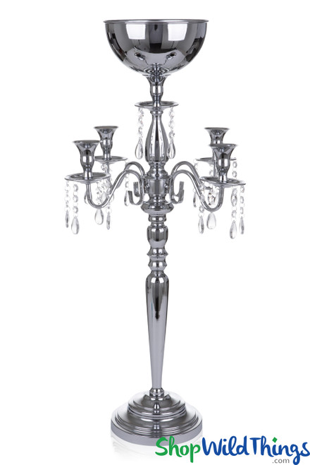 Real Crystal Beaded Silver Candelabra & Flower Tower "Alyx" - 4 Arm Chrome - 34" by ShopWildThings.com