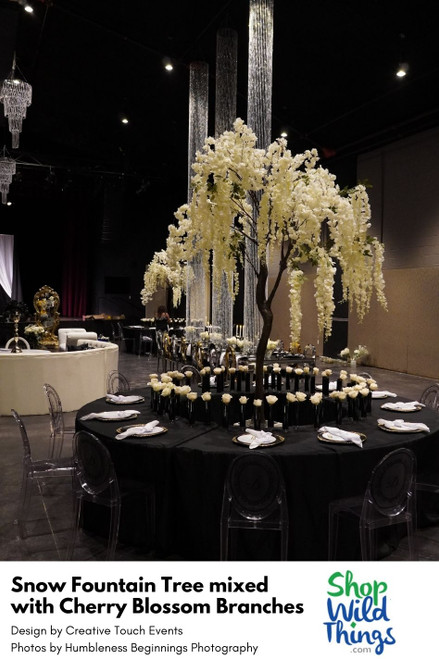 Beautiful Artificial Flowering Weeping Cherry Tree “Snow Fountain” in Cream by ShopWildThings.com mixed with Interchangeable Replacement Branches, creating a one of a kind tablescape centerpiece.