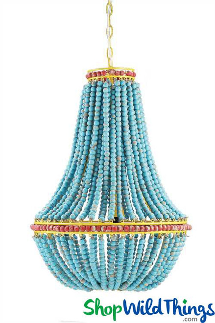 Boho Blue Wood Beads Chandelier, Red Trim & Yellow Chain - 17" x 26" Empire Swag Style - by ShopWildThings.com