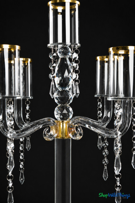 5 Cup Gold Rimmed Real Crystal Beaded Candelabra, 30" Tall Stunning Tabletop Centerpiece by ShopWildThings.com