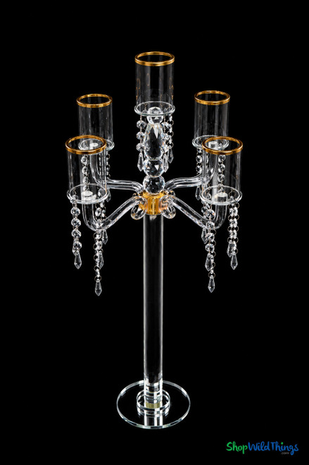 Crystal Beaded Wedding & Event Candelabra, Stunning 5 Cup Real Crystal with Gold Accents by ShopWildThings.com