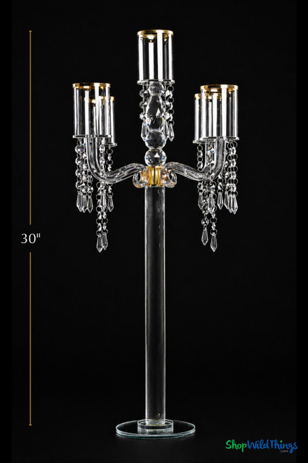 Real Crystal Candelabra, 5 Cups Rimmed in Gold, 30" Tall Elegant Centerpiece by ShopWildThings.com