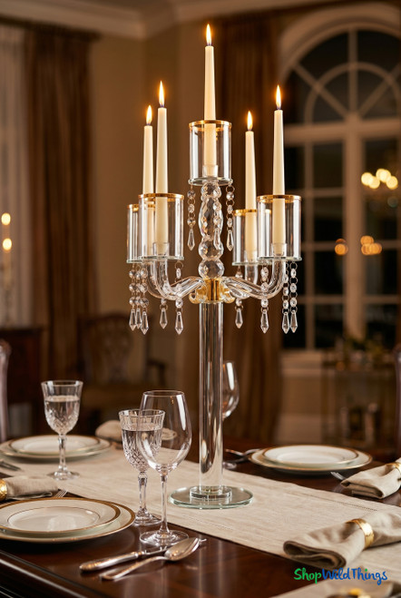 Crystal Beaded Wedding & Event Candelabra, Stunning 5 Cup Real Crystal with Gold Accents by ShopWildThings.com