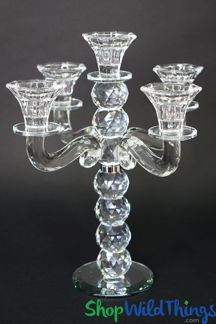 Petite Crystal Candelabra, 11 1/2" Tall Decorative Faceted Body With 5 Cups & Mirrored Base by ShopWildThings.com