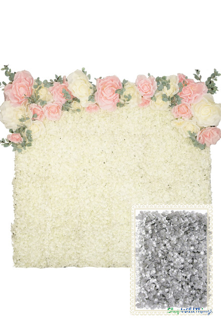 Flower Wall Kit, 8Ft x 8Ft Portable Backdrop, Metallic Silver Hydrangea Flowers, Very Full | ShopWildThings.com