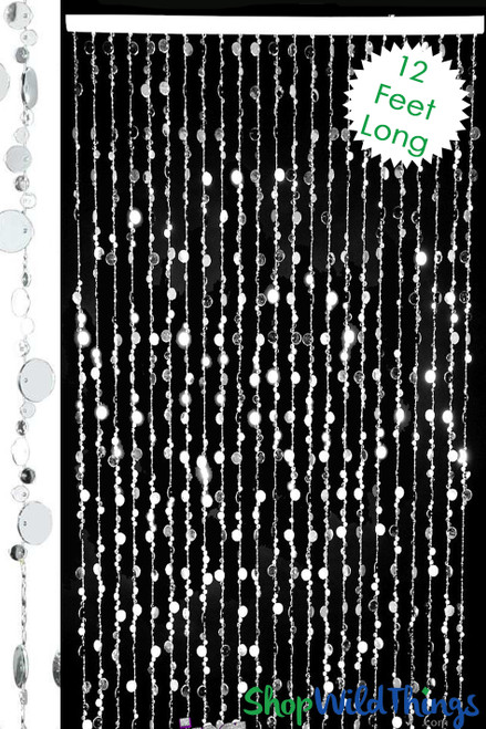 12 Foot Long Beaded Curtains Backdrop Silver Bubbles Round Beaded Strands