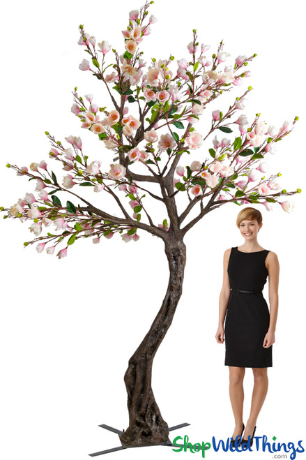 Artificial Lifesize 10 Foot Tall Magnolia Tree with Natural Trunk and Pink Flowers