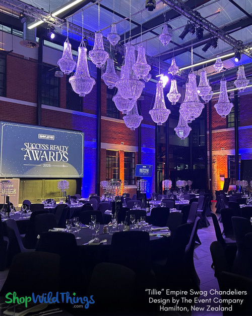 Elegant Gala Event with Empire Swag Chandeliers
Dramatic ceiling installations come to life with Tillie Empire Swag Chandeliers from ShopWildThings. These acrylic crystal chandeliers with ornate metal trim are available in three sizes—perfect for luxury gala events, awards nights, and black tie celebrations.