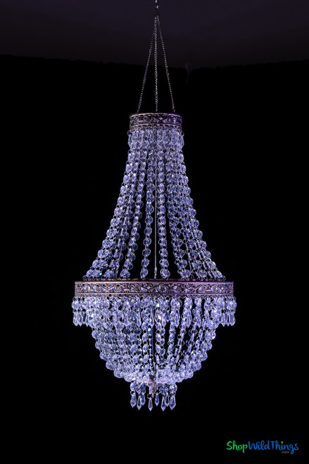 Tillie Medium Crystal Clear Acrylic Beaded Empire Chandelier with matte taupe ornate trim and faceted acrylic bead strands for wedding and event decor.