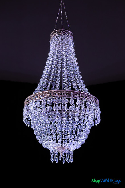 Crystal clear acrylic beaded empire chandelier – Tillie Medium size – featuring tiered ¾-inch faceted beads and decorative metal frame detailing.