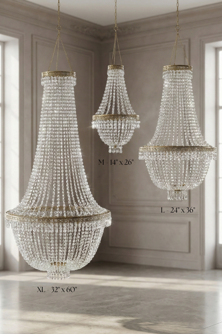 Tillie crystal clear acrylic beaded empire chandeliers in Extra Large, Large, and Medium sizes displayed in a refined neutral interior, highlighting tiered faceted bead strands and ornate matte taupe metal detailing.