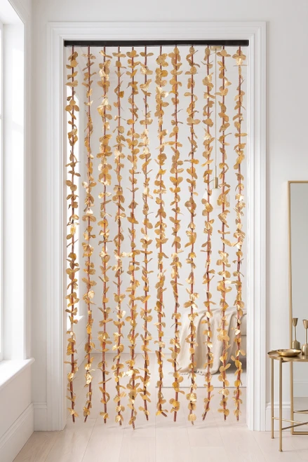 Metallic Gold FabuLush Hanging Silk Floral Curtain with gold fabric leaves and natural bamboo accents, 35 inches wide by 5.5 feet long, ShopWildThings.com.