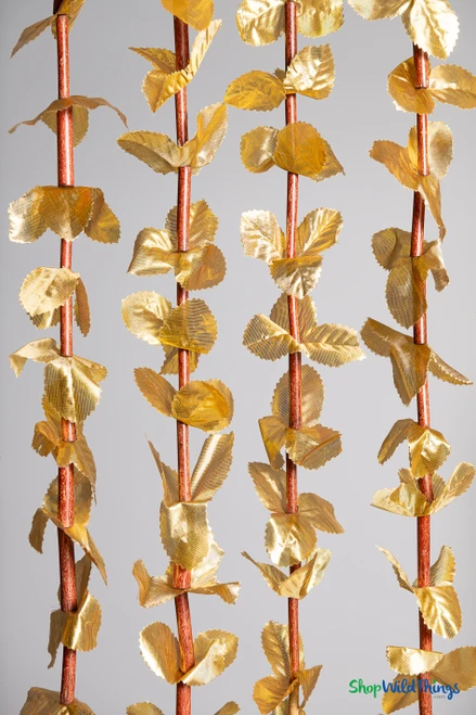 Metallic Gold FabuLush Hanging Silk Floral Curtain with gold fabric leaves and natural bamboo accents, 35 inches wide by 5.5 feet long, ShopWildThings.com.