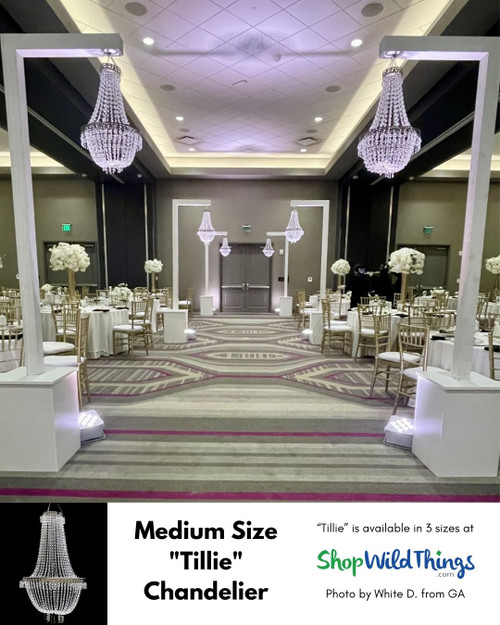 Elegant White and Gold Wedding Reception Decor with Crystal Chandeliers
Create a breathtaking white and gold wedding reception entrance with stunning crystal chandeliers from ShopWildThings. This elegant entrance features Tillie acrylic beaded chandeliers in multiple sizes, adding dimension and glamour to the ballroom.   Elevate your wedding decor with timeless sophistication and luxurious lighting.