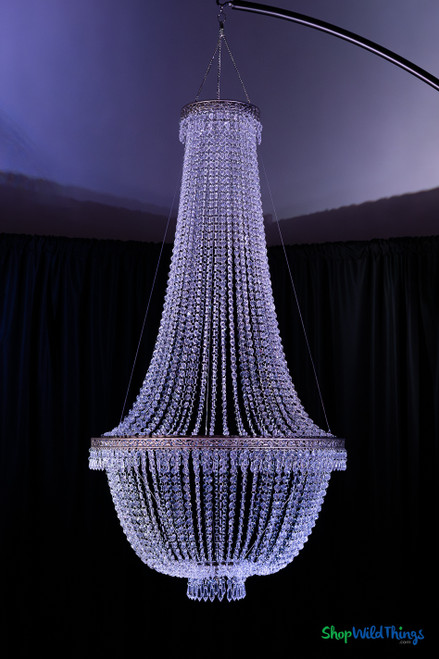 Crystal Clear Acrylic Beaded Empire Chandelier “Tillie Extra Large” 5-foot hanging chandelier with matte taupe ornate trim and ¾-inch faceted acrylic beads, full-length view against dark backdrop.
