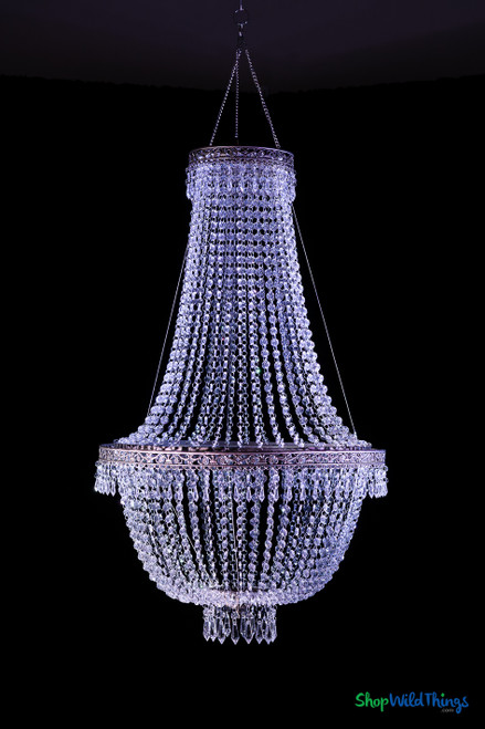 Tillie Large Crystal Clear Acrylic Beaded Empire Chandelier with matte taupe ornate trim and cascading faceted acrylic bead strands.