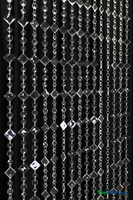 3 foot wide by 12 foot long acrylic crystal bead curtain featuring 15 hanging strands for high ceiling event décor and pipe and drape systems