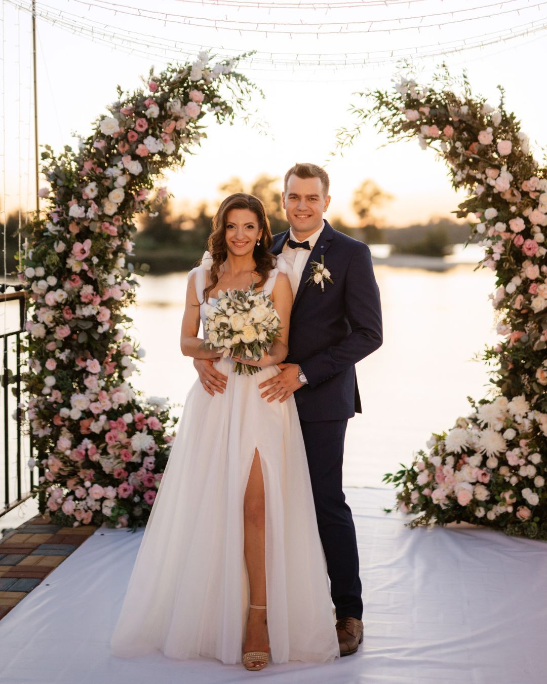 Create a Dreamy Lakeside Wedding with Half Moon Arches, Artificial Silk Florals, Greenery, and Garlands with ShopWildThings.com