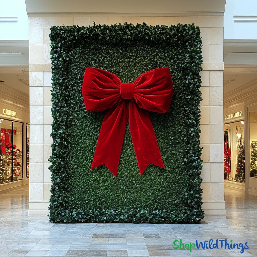 A large green wall with dense foliage adorns a massive red velvet bow in a shopping mall. It creates a festive and welcoming holiday ambiance. Fire Rated Artificial Greenery Boxwood Panels by ShopWildThings.com for Holiday Commercial Decor