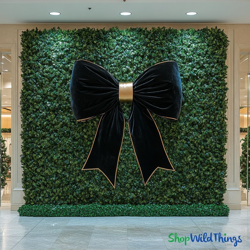 Large black velvet bow with a gold center decorates a lush green wall indoors. The setting is elegant, conveying a festive and luxurious ambiance. Fire Rated Artificial Greenery Boxwood Panels by ShopWildThings.com for Holiday Commercial Decor