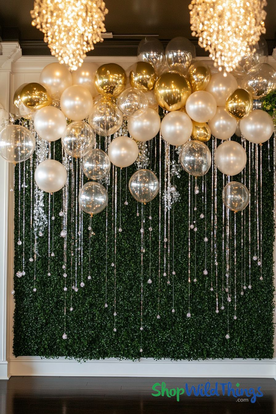 NYE Luxurious event backdrop with gold, silver, and pearl balloons over a lush green wall. Hanging crystal strands add elegance and sparkle. Fire Rated Artificial Greenery Boxwood Panels by ShopWildThings.com for Holiday Commercial Decor