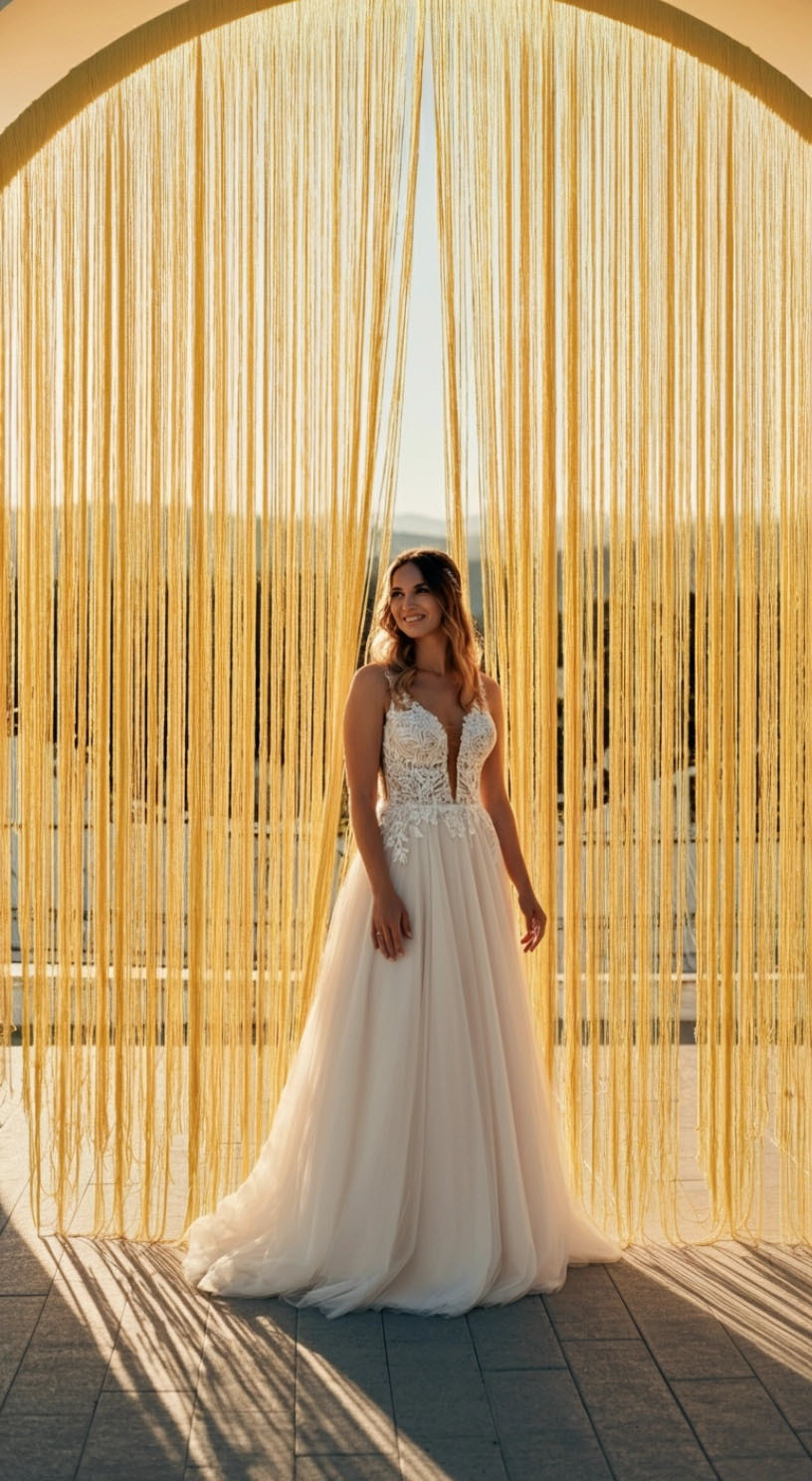 Fringe Curtain Backdrops for Modern Yellow Weddings Butter yellow is this season’s soft statement color—and fringe curtain backdrops are an elevated way to incorporate it. Ideal for wedding lounge areas, backdrops, or draped aisle setups.