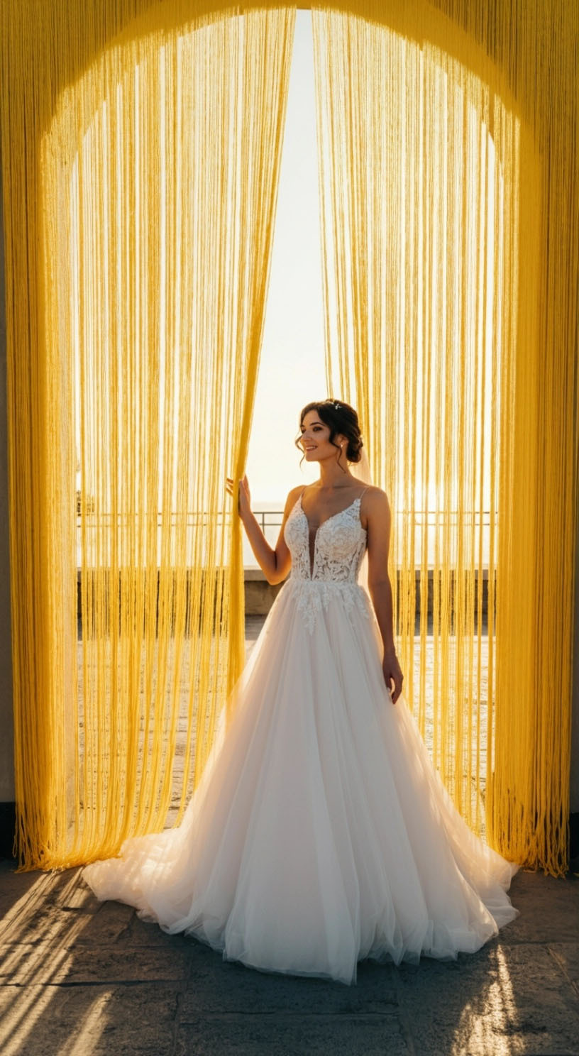 Butter Yellow Curtains for Ceremony Style or Photo Ops Layer fringe curtains in soft yellow behind your ceremony altar, sweetheart table, or portrait wall for a wedding-ready look that moves beautifully and photographs like a dream.