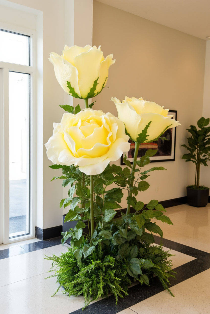 Oversized Roses and Peonies for Bold Event Moments These giant artificial Roses and Peonies in butter yellow are perfect for unforgettable installations. Use them as standalone photo-ready statements or as part of a larger design moment at weddings or luxury events.