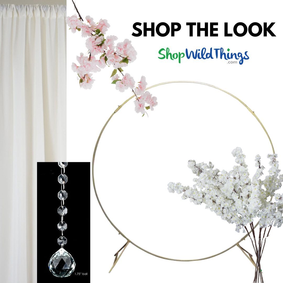 Create a Gorgeous Backdrop Arch with Dogwood and Cherry Blossom Silk Florals in Pinks and Creams and a Round Arch, all available at ShopWildThings.com – Pink and Cream Spring Wedding Reception Head Table Party Decor