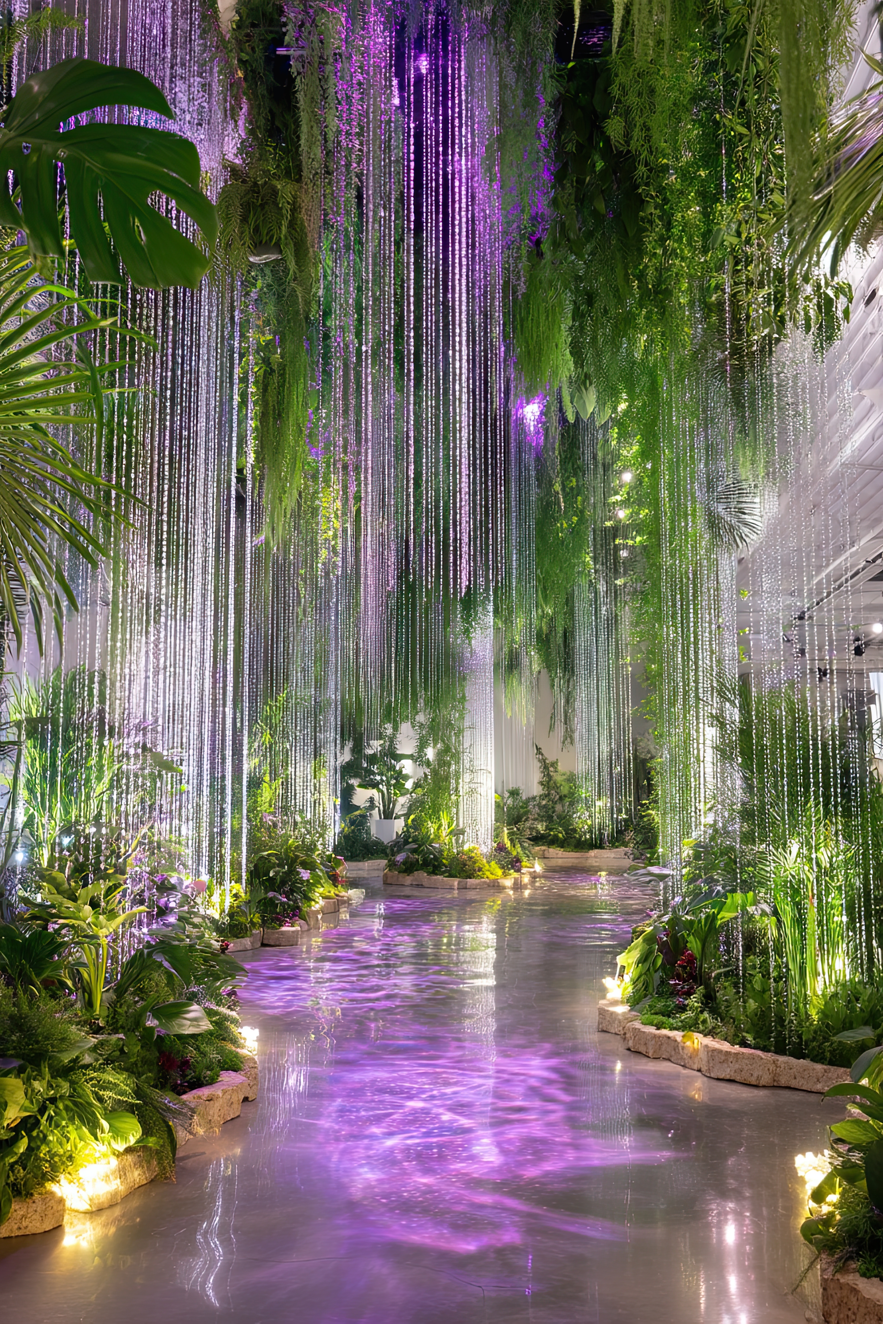 Iridescent Beaded Backdrops for Tropical Entrances Diamonds Beaded Curtains instantly elevate any tropical-themed event entrance when paired with Greenery and large-scale floral installs. Their light-catching iridescence adds depth and movement while guiding guests through a luxurious, editorial-style design moment filled with color and shine.