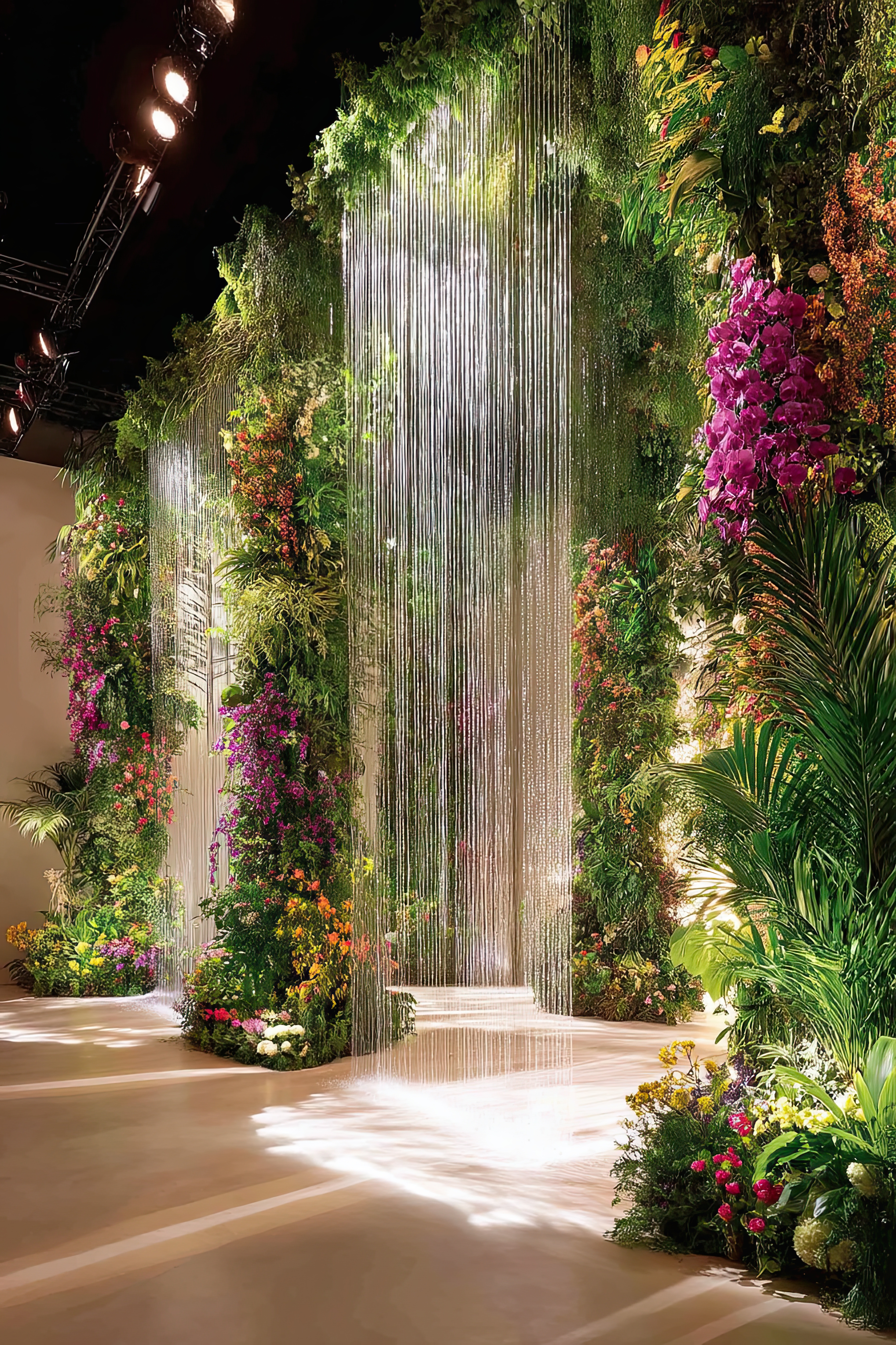Tropical Event Entrance with Diamonds Beaded Curtains Create a dramatic entrance using Diamonds Beaded Curtains layered over bold tropical greenery and orchids. These iridescent strands shimmer with every movement and catch natural or artificial light beautifully, making them ideal for rainforest-themed events, luxury installs, and photo-ready guest walk-throughs.