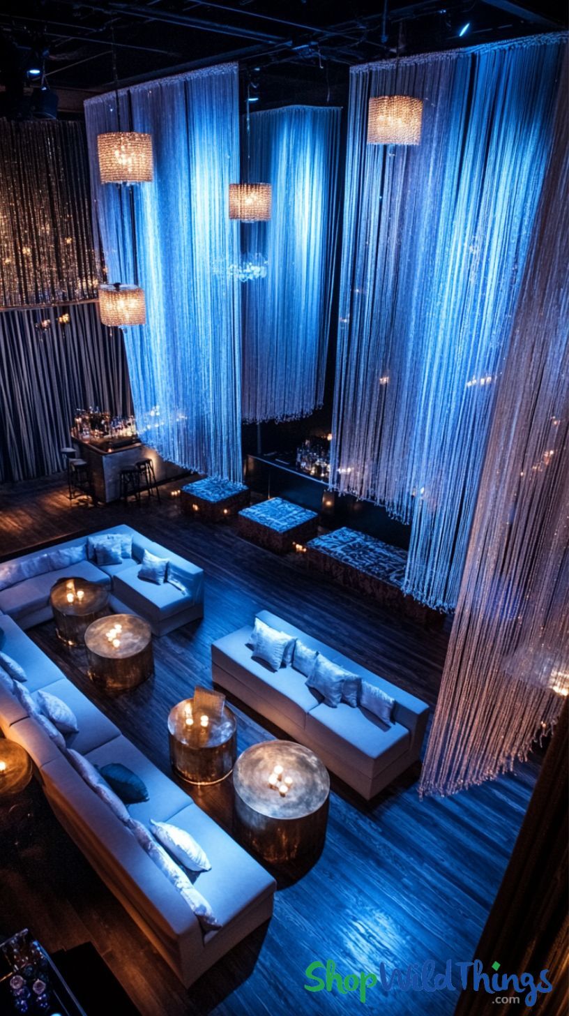 Create an unforgettable atmosphere in lounges or nightclubs using versatile String Curtains and Columns from ShopWildThings.com for modern and chic decor.