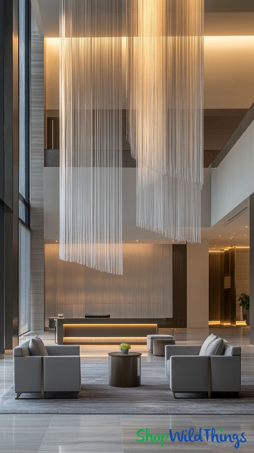 Elevate lobby design with stunning String Curtains and Columns from ShopWildThings.com, adding sophistication and warmth to commercial spaces.