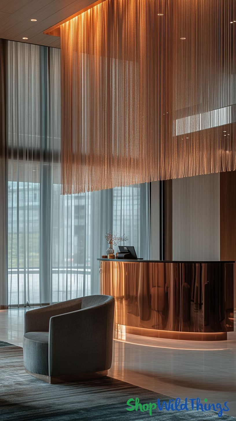 Elevate lobby design with stunning String Curtains and Columns from ShopWildThings.com, adding sophistication and warmth to commercial spaces.