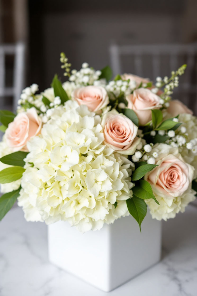 White Cube Vase Centerpiece with White Hydrangea and Blush Spray Roses Create a romantic and timeless look with white hydrangeas, blush spray roses, and dusty miller arranged in a classic White Cube Vase. Perfect for weddings and upscale celebrations.